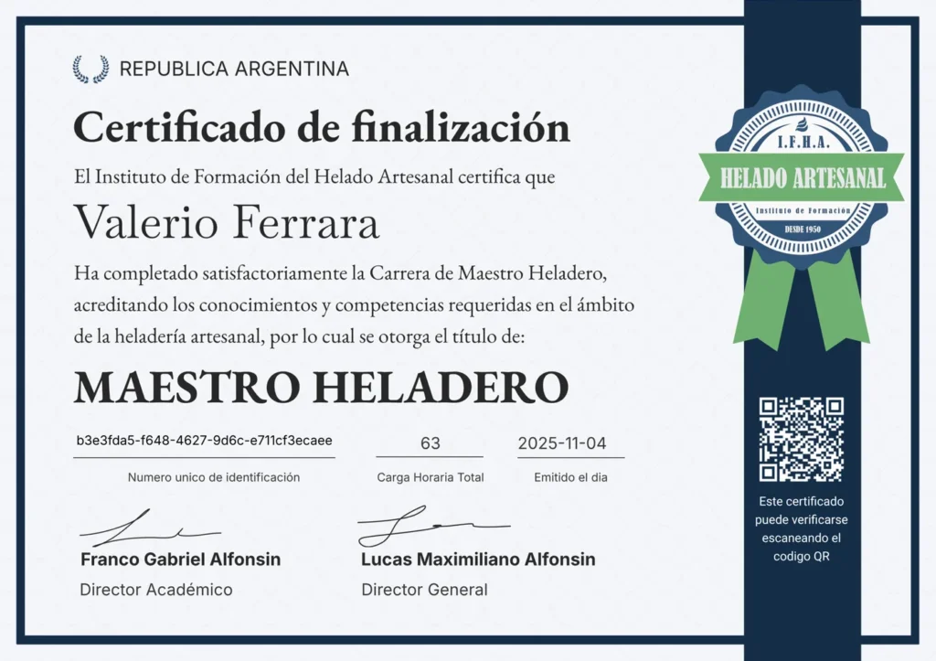 Certificado oficial de Maestro Heladero del Instituto de Formacion del Helado Artesanal