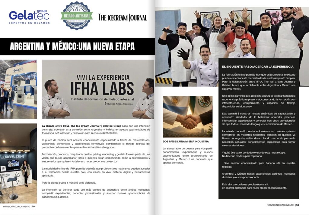 Páginas de The Ice Cream Journal sobre la alianza entre IFHA, The Ice Cream Journal y Gelatec Group para acercar formación de heladería a México