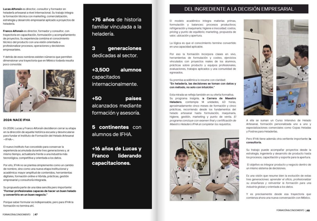 Páginas de The Ice Cream Journal con las cifras de IFHA: +75 años de historia familiar, 3 generaciones, +3.500 alumnos, +50 países y 5 continentes