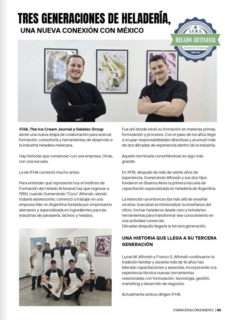 Página de apertura de la nota sobre IFHA en la revista The Ice Cream Journal: “Tres generaciones de heladería, una nueva conexión con México”, con Lucas y Franco Alfonsín