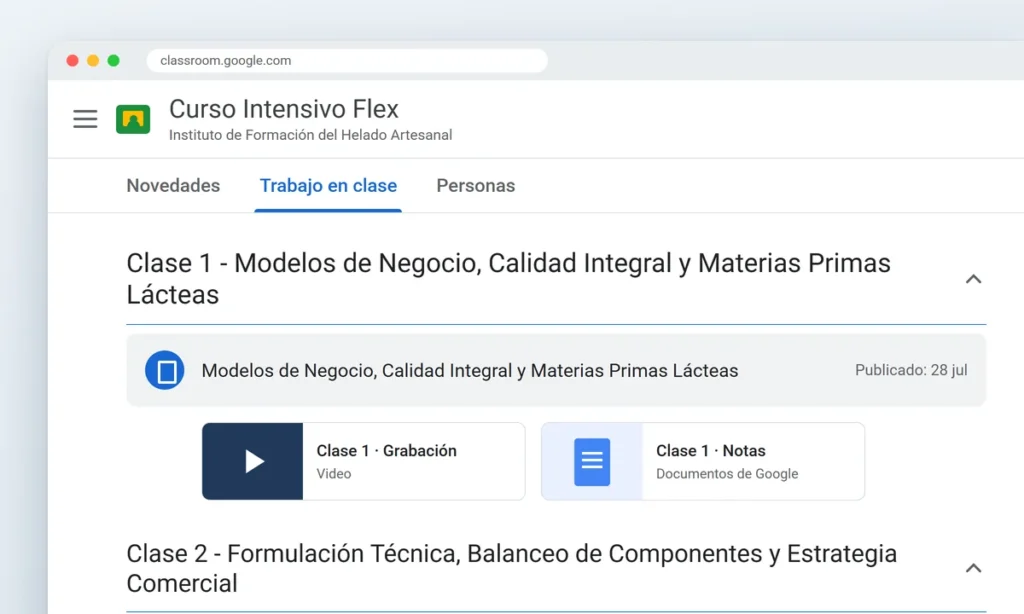 Flex Intensive Course campus on Google Classroom: each class with its recording and notes (illustration of the real campus, Spanish edition)