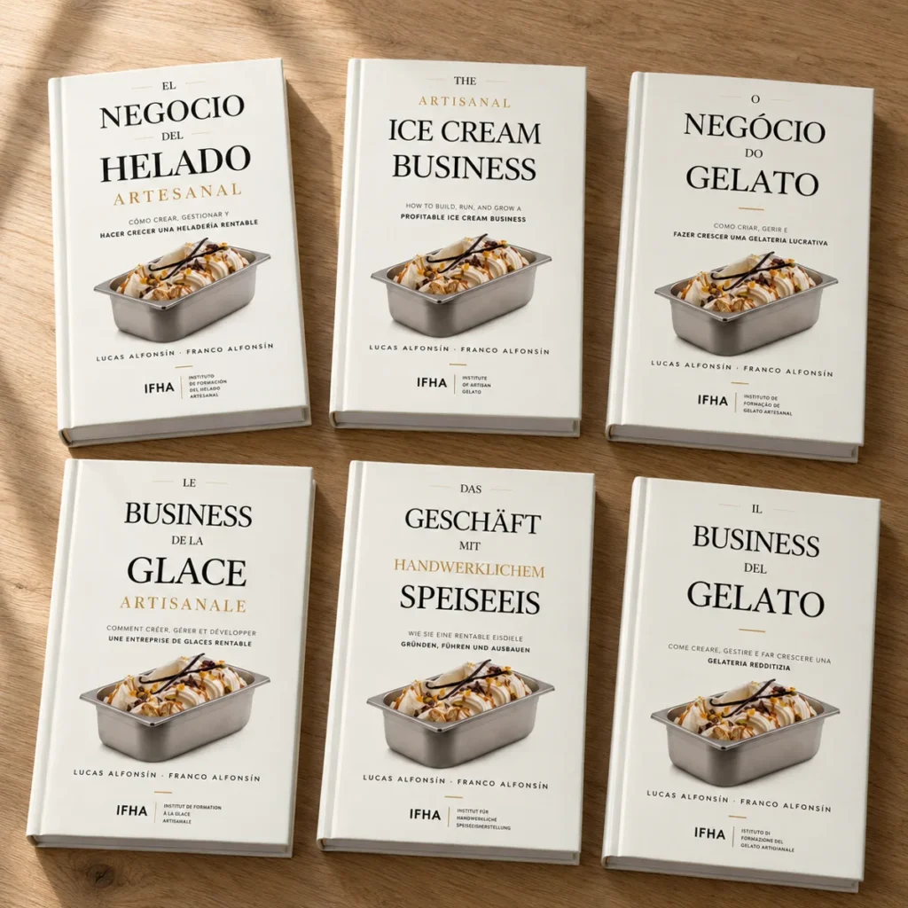«El negocio del helado artesanal» ya se lee en 6 idiomas: el primer libro de heladería artesanal en superar las cinco lenguas 1 Las seis ediciones de «El negocio del helado artesanal» de IFHA sobre una mesa de madera: español, inglés, portugués, francés, alemán e italiano