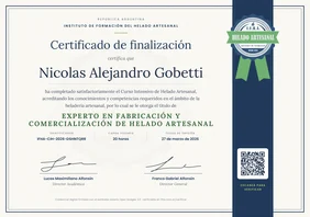 Muestra del certificado verificable del Instituto de Formación del Helado Artesanal