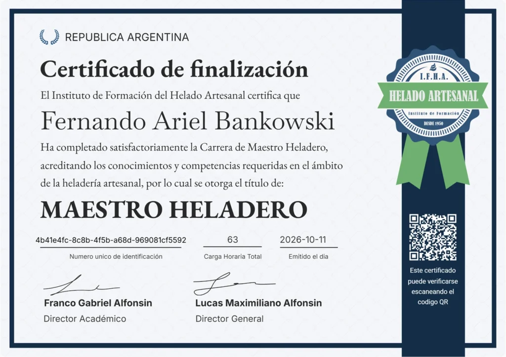Certificado de finalización de la Carrera de Maestro Heladero de IFHA a nombre de Fernando Ariel Bankowski, 63 horas