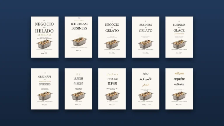 Las diez ediciones de «El negocio del helado artesanal» de IFHA: español, inglés, portugués, italiano, francés, alemán, chino, japonés, árabe e hindi